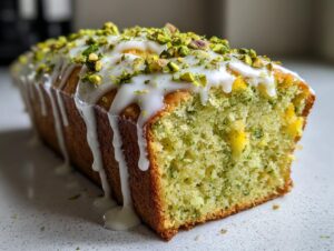 A close-up of a loaf of moist pistachio bread, drizzled with white glaze and topped with chopped pistachios.