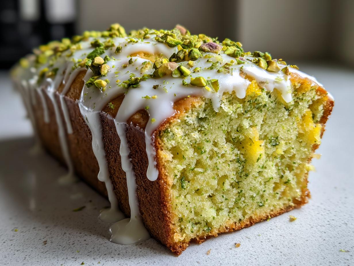 A close-up of a loaf of moist pistachio bread, drizzled with white glaze and topped with chopped pistachios.