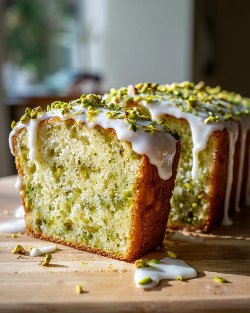 Close-up of a slice of moist pistachio bread topped with white glaze and chopped pistachios.