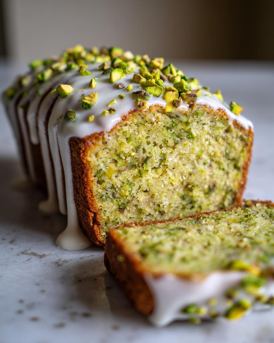 A close-up of a sliced pistachio bread topped with white glaze and chopped pistachios.