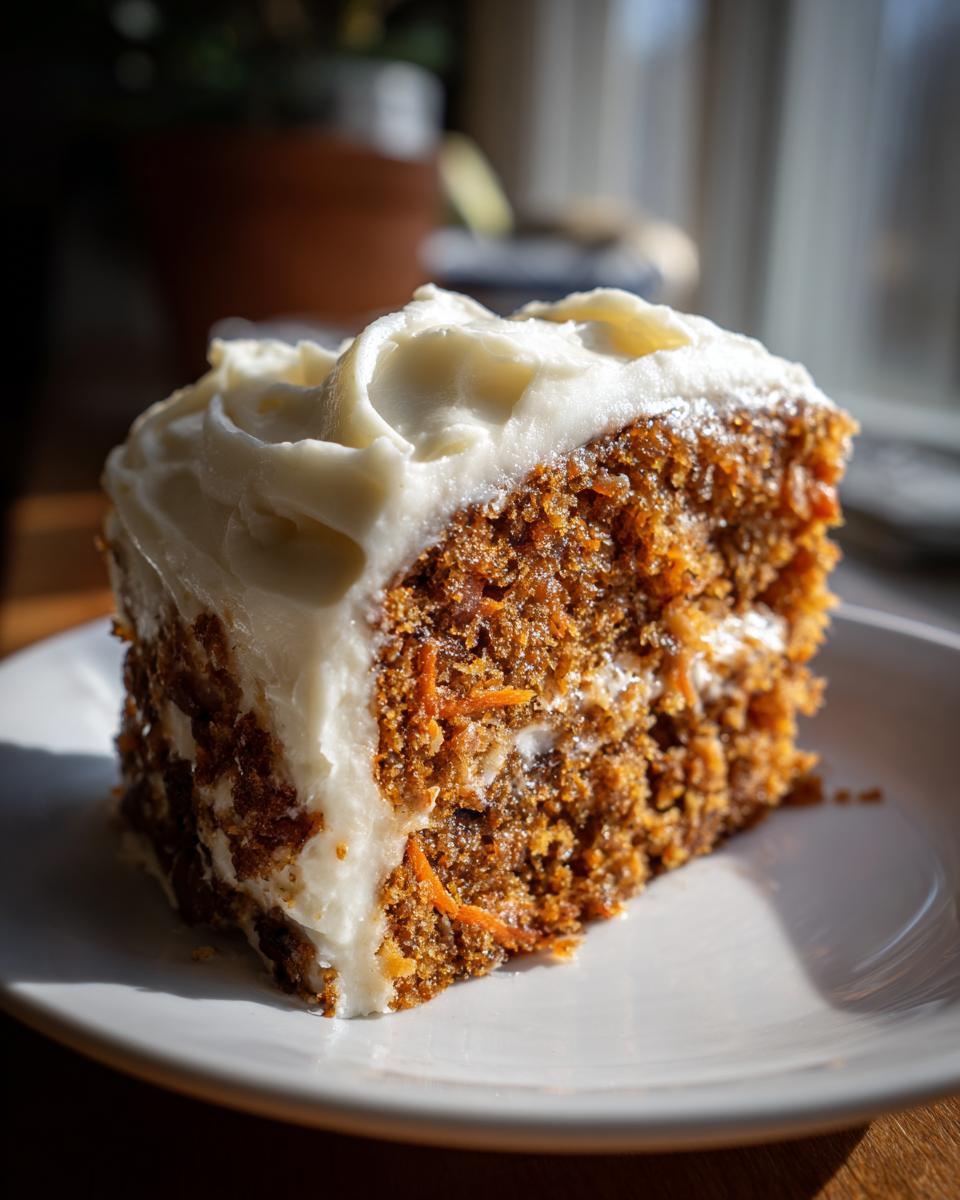 Close-up of a moist slice of carrot spice cake topped with thick cream cheese frosting, highlighted by natural sunlight.