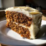 Close-up of a thick slice of moist spice cake with cream cheese frosting on a white plate.
