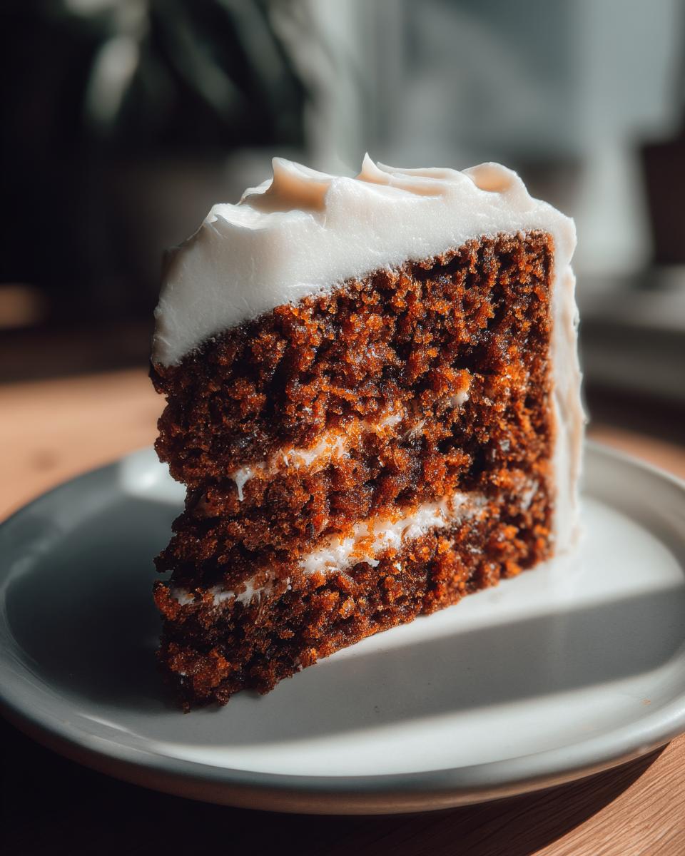 Close-up of a moist slice of layered spice cake with thick cream cheese frosting.