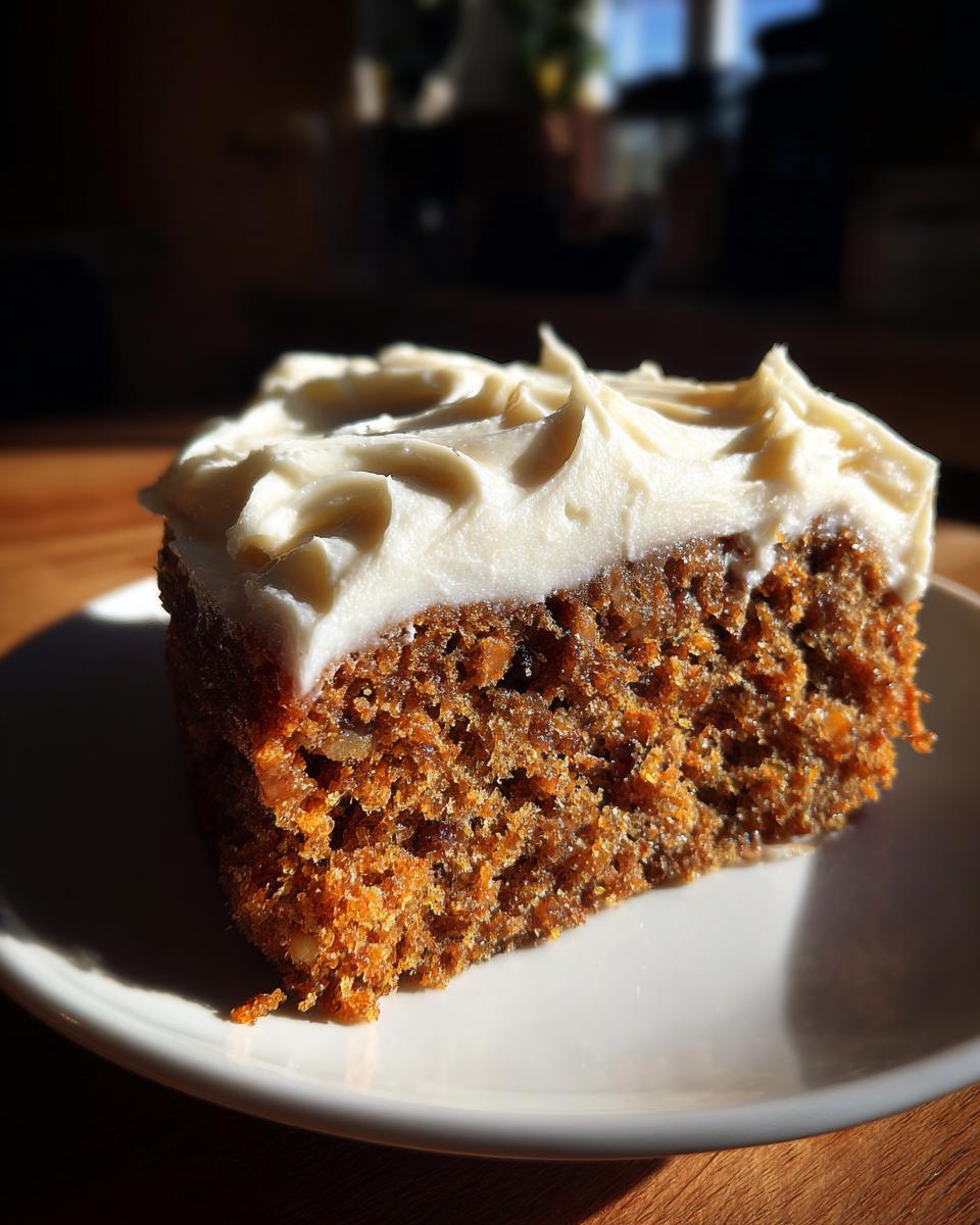 A close-up of a moist slice of spice cake topped with thick, swirled cream cheese frosting on a white plate.