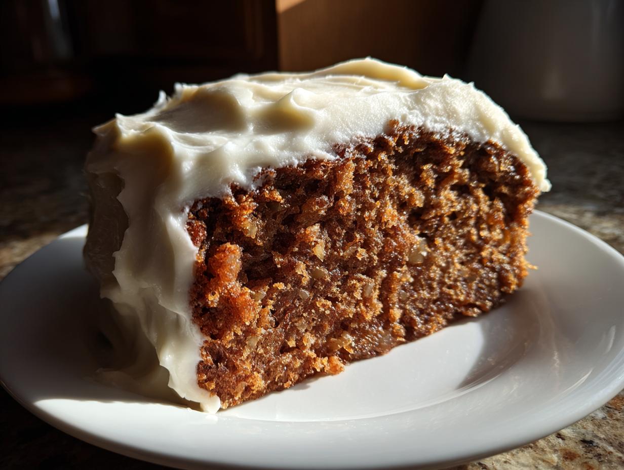 Close-up of a thick slice of dark, moist spice cake topped with generous white cream cheese frosting.