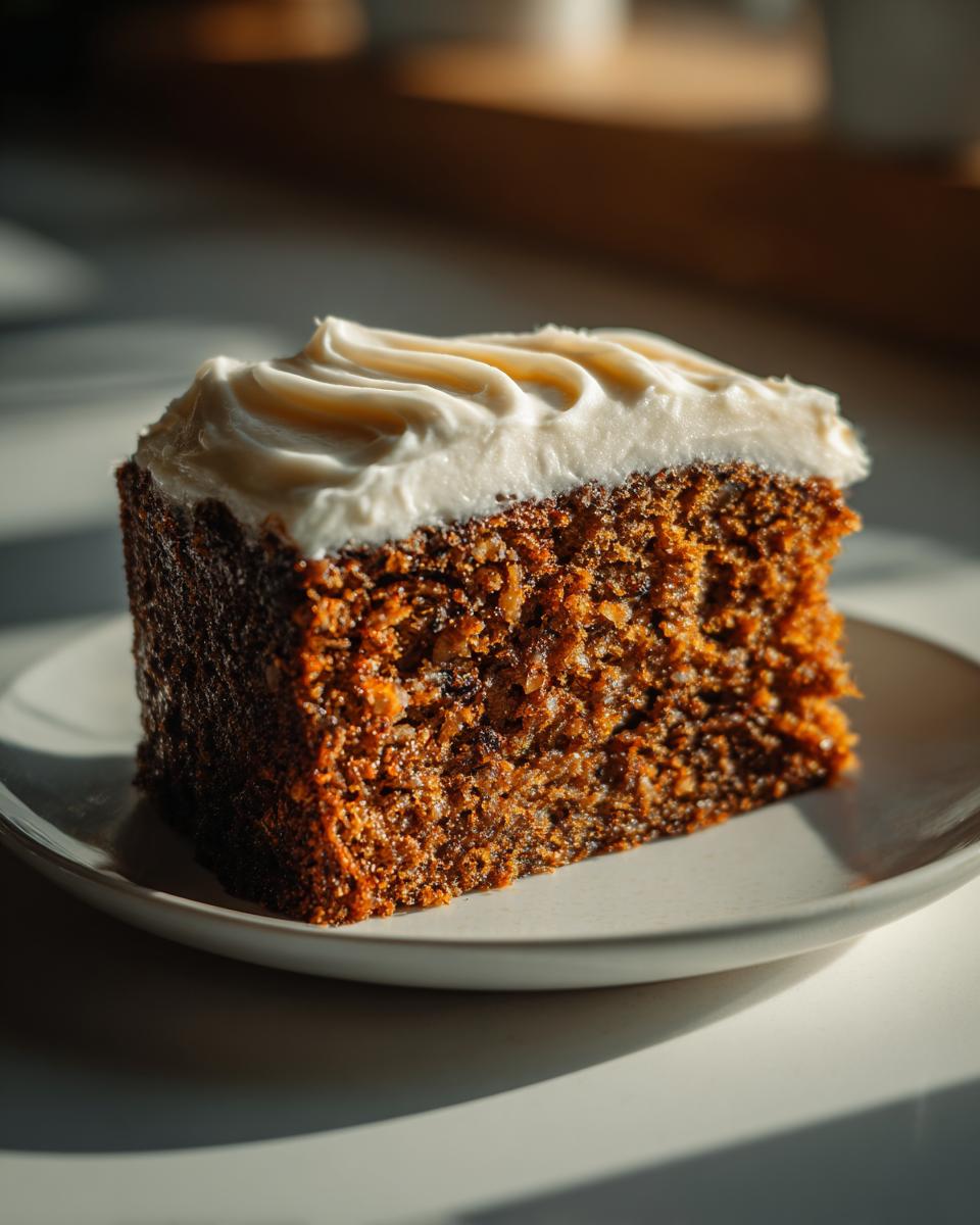 Close-up of a thick slice of moist, dark brown spice cake topped with creamy white frosting.