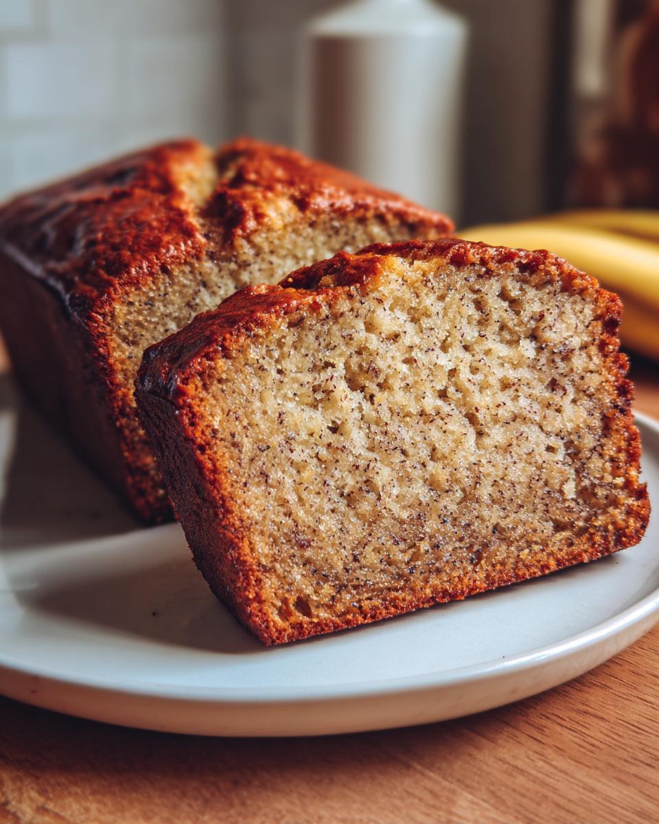 A thick slice of moist sugar free banana bread showing a tender crumb texture on a light plate.