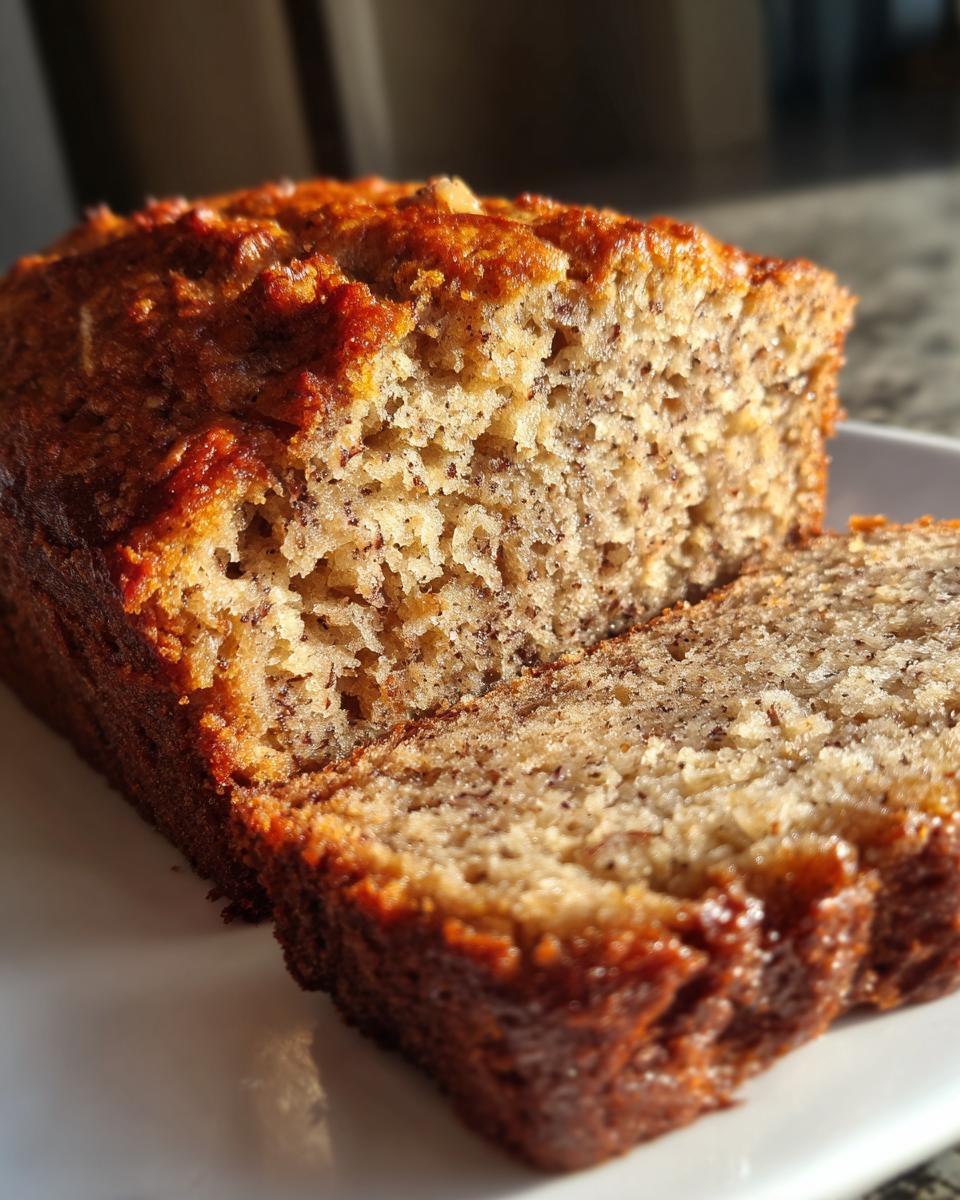 Close-up of a moist slice of sugar free banana bread showing the dense, speckled crumb and golden-brown crust.
