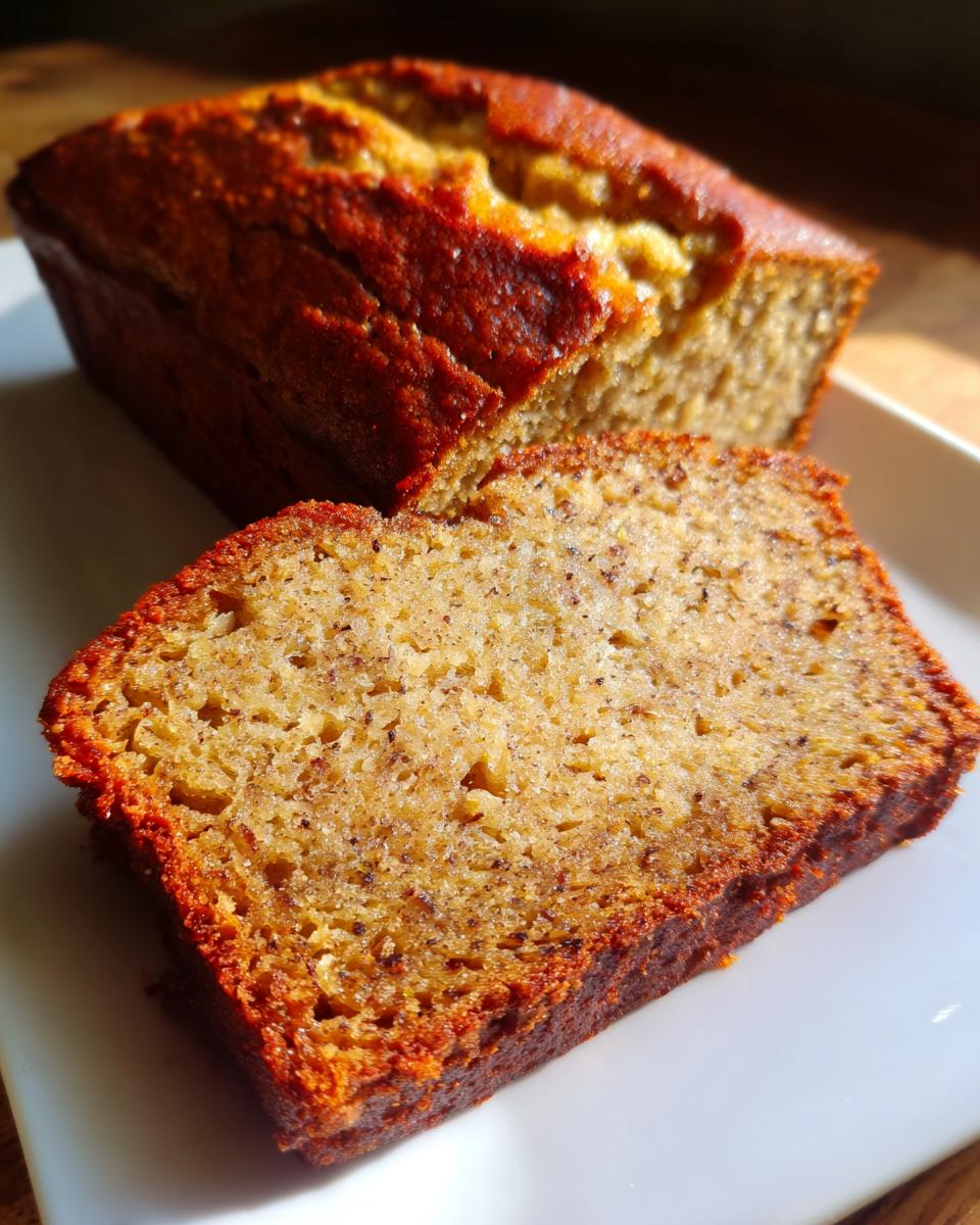 Close-up of a moist slice of sugar free banana bread with a golden-brown crust.