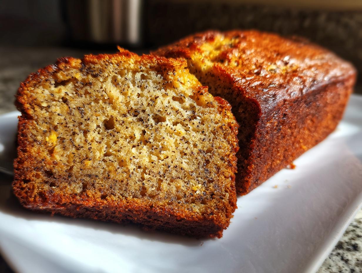 Close-up of a moist slice of sugar free banana bread showing poppy seeds and a golden-brown crust.