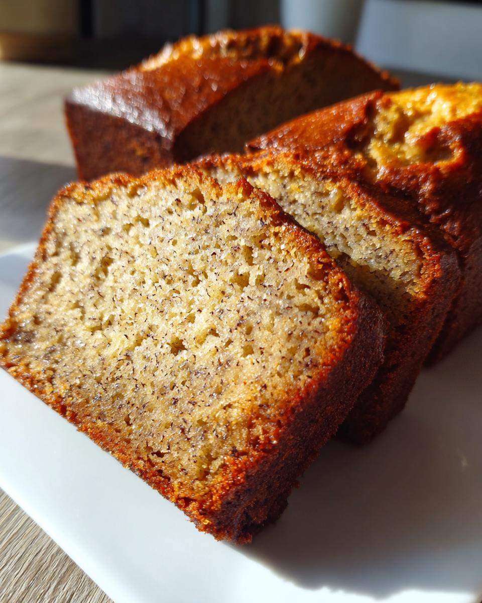 Close-up of moist, golden-brown slices of sugar free banana bread on a white plate.