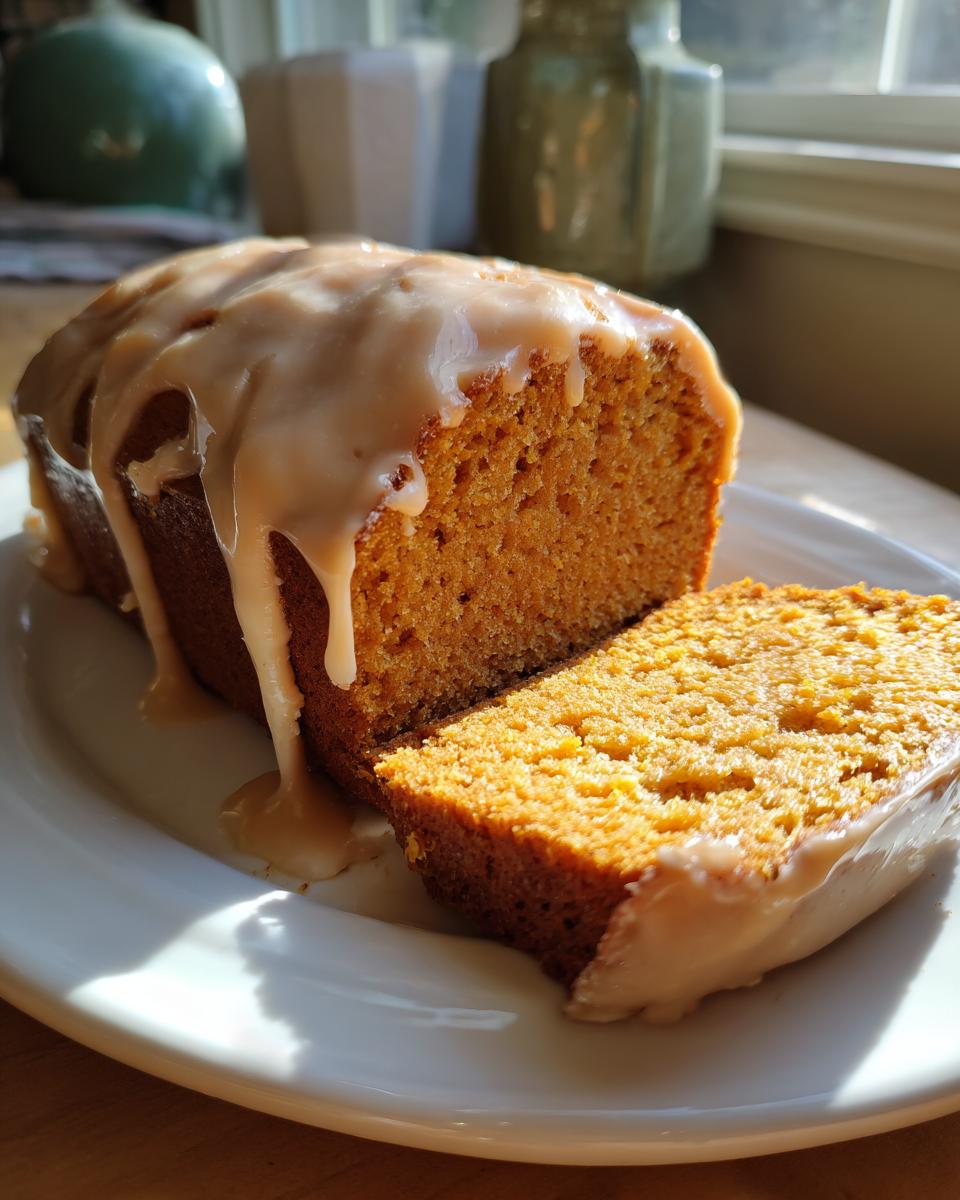 A slice of moist sweet potato pound cake topped with a thick, dripping glaze, served on a white plate.