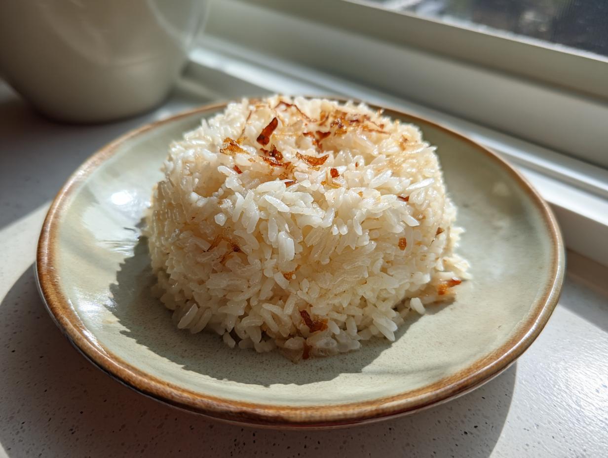 A perfectly molded serving of fluffy butter rice topped with crispy browned bits, served on a light green plate.