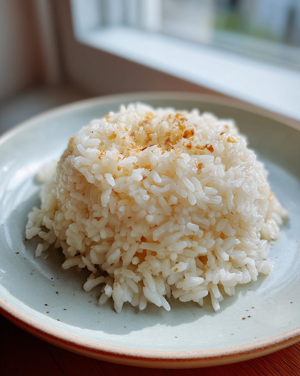 A perfectly molded mound of glistening butter rice topped with toasted garlic bits, served on a light blue plate.