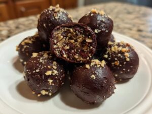 A pile of rich, dark chocolate pecan pie balls, one cut open to show the nutty filling, sprinkled with chopped pecans.