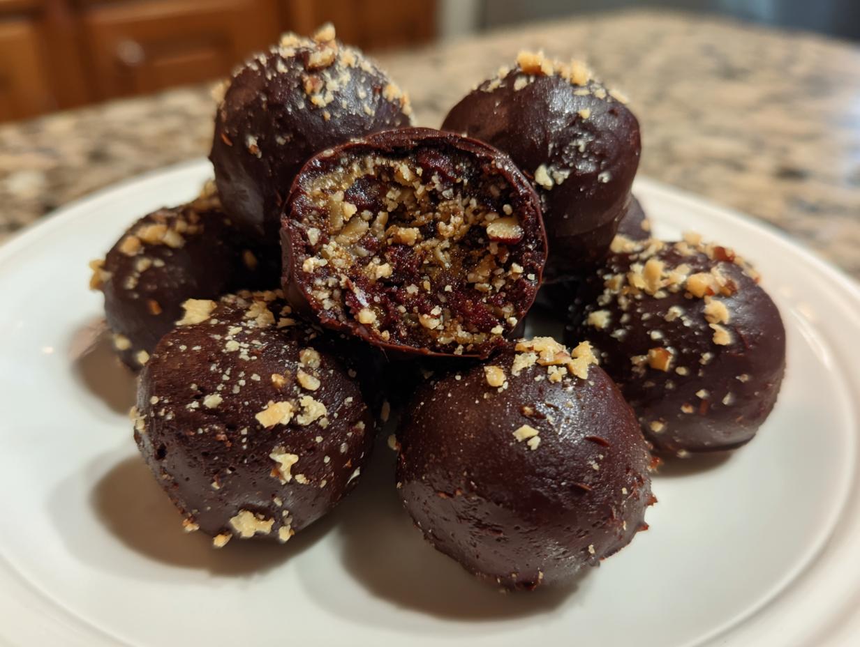 A pile of rich, dark chocolate pecan pie balls, one cut open to show the nutty filling, sprinkled with chopped pecans.