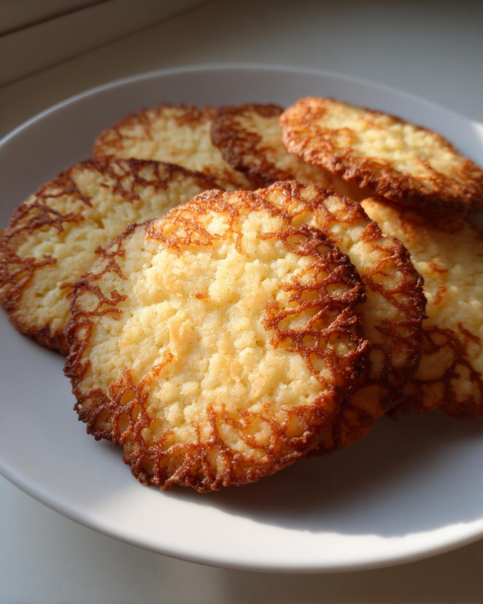 Close-up of several golden brown oatmeal lace cookies stacked on a white plate, showing delicate lacy edges.
