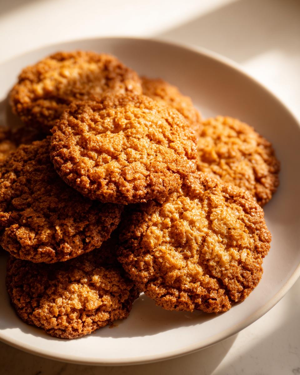 A close-up of several golden brown oatmeal lace cookies stacked on a light-colored plate, highlighted by sunlight.