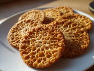 Several golden brown, delicate oatmeal lace cookies with a distinct web-like texture piled on a white plate.