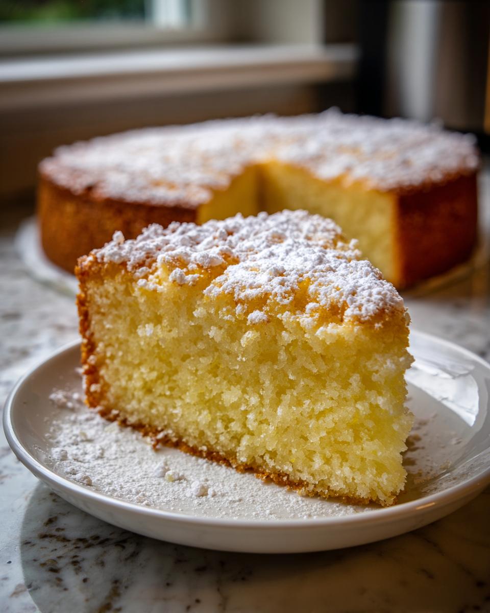 A close-up slice of moist olive oil cake dusted heavily with powdered sugar on a white plate.
