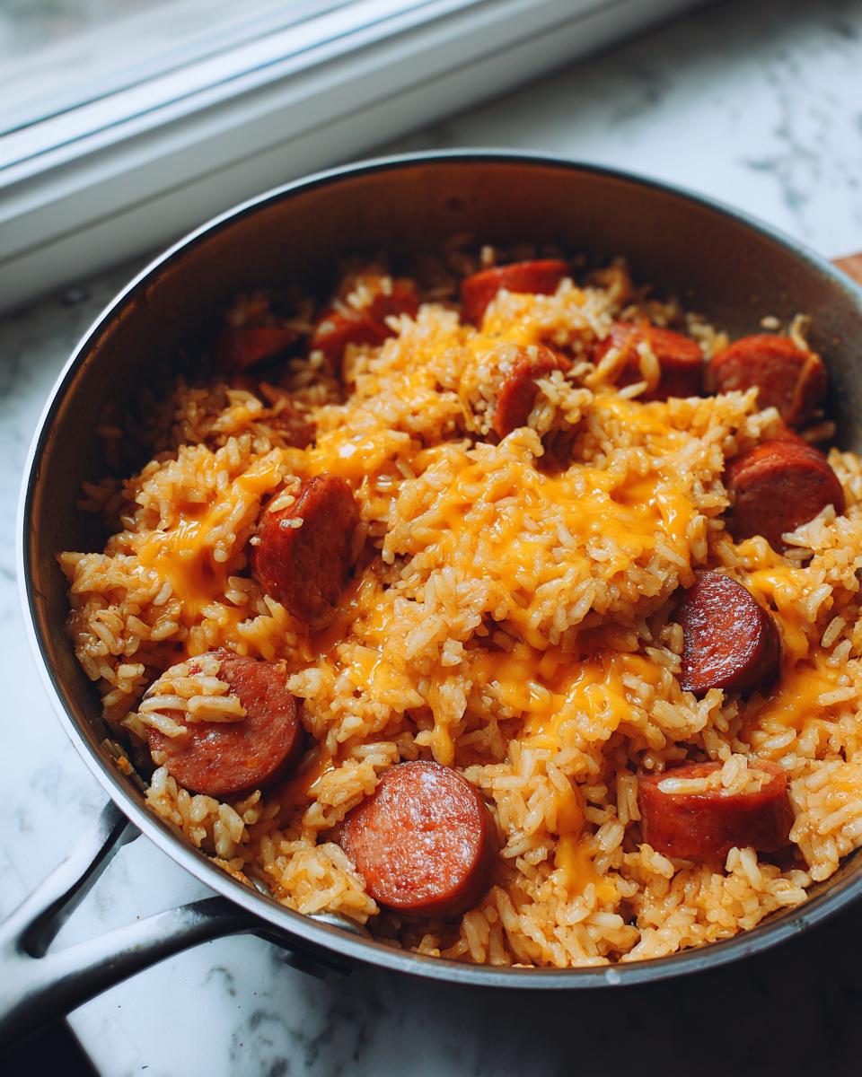 Close-up of cheesy sausage and rice mixture cooked in a stainless steel skillet by a window.