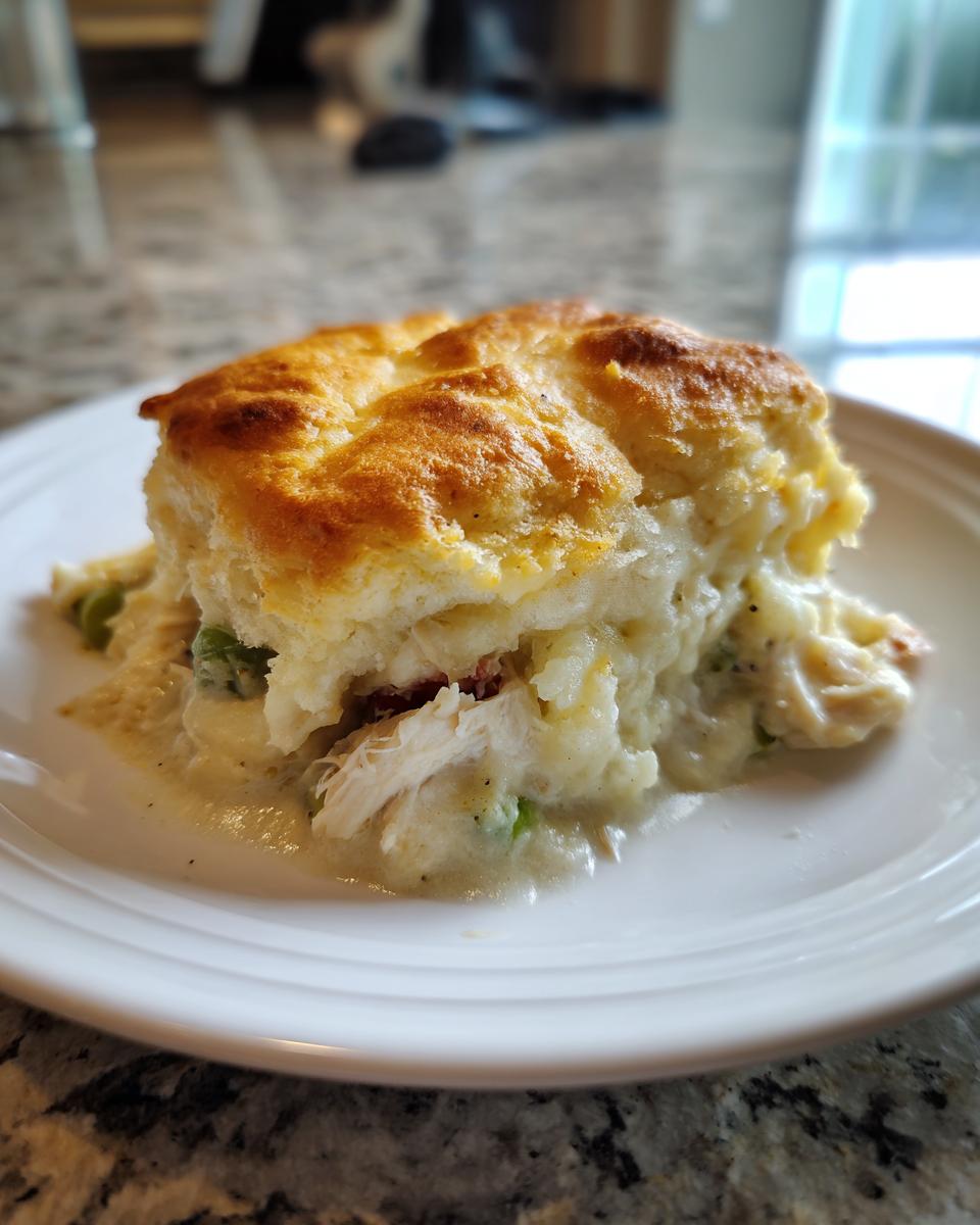 A close-up of a serving of creamy chicken pot topped with a golden, flaky biscuit on a white plate.