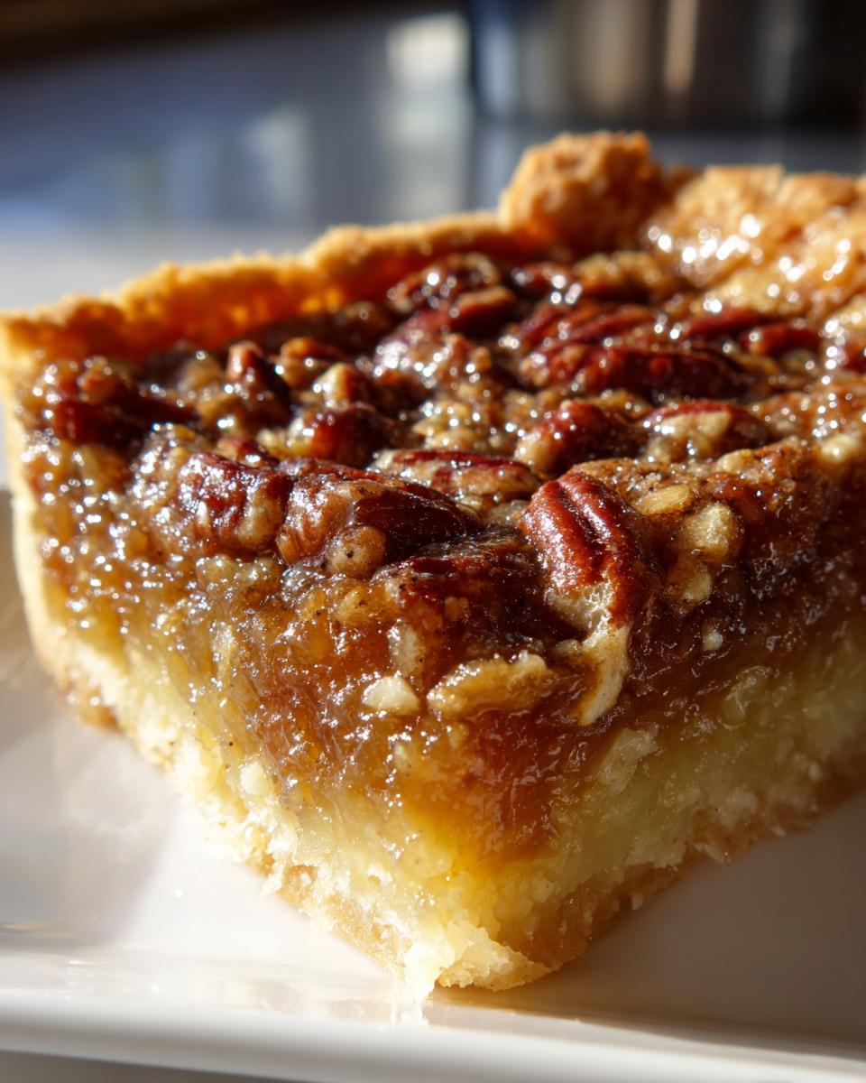 A close-up, side view of a single, gooey pecan pie bars slice showing the thick, glazed pecan topping over a shortbread crust.