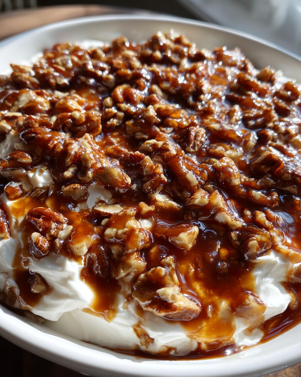 Close-up of creamy pecan pie dip topped generously with glazed pecans and caramel sauce.