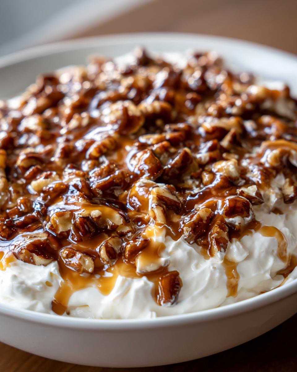 A close-up of creamy white dip topped generously with glazed pecans, showcasing the delicious pecan pie dip.