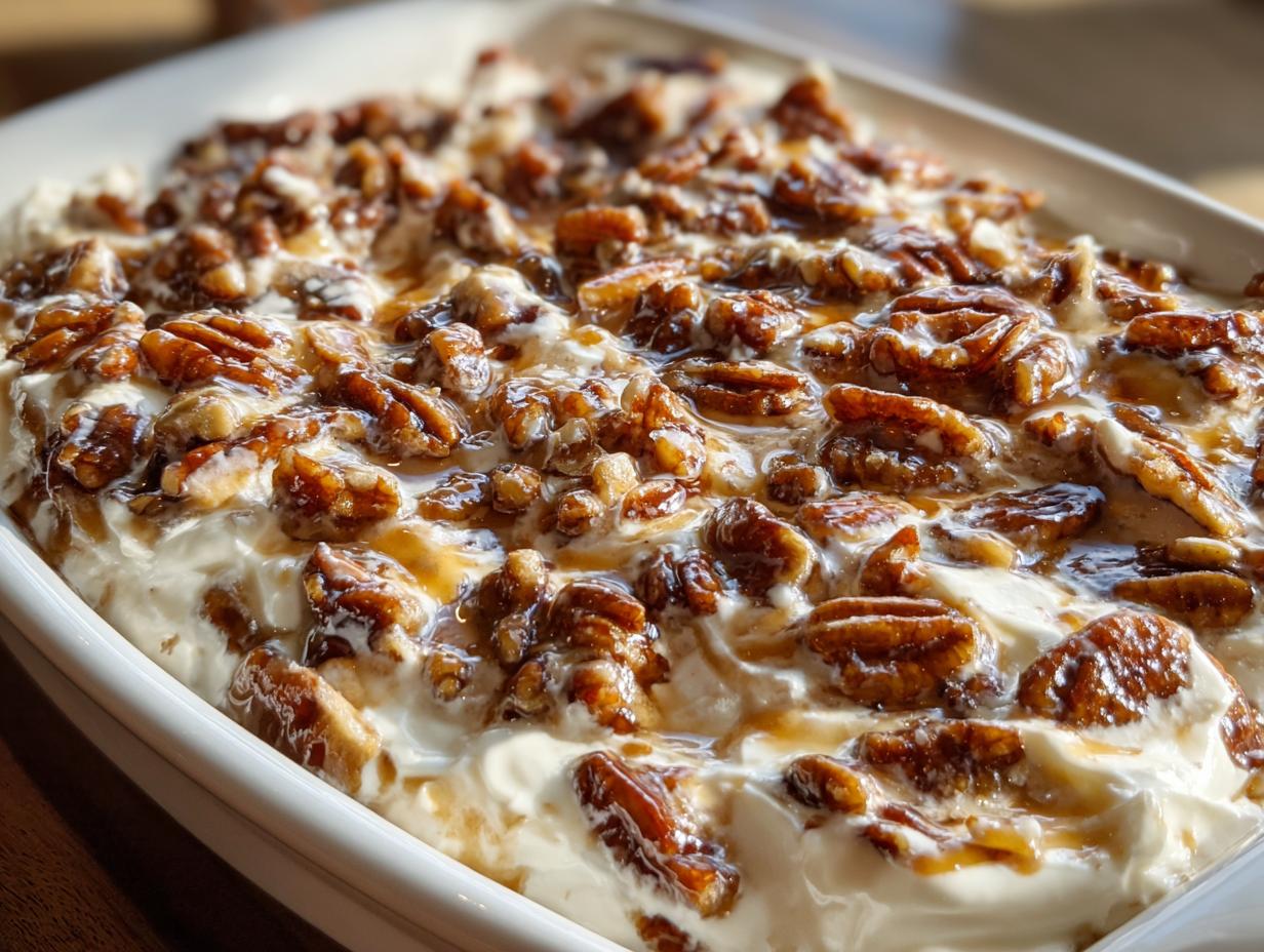 Close-up of creamy pecan pie dip topped with glazed pecans and caramel sauce in a white dish.