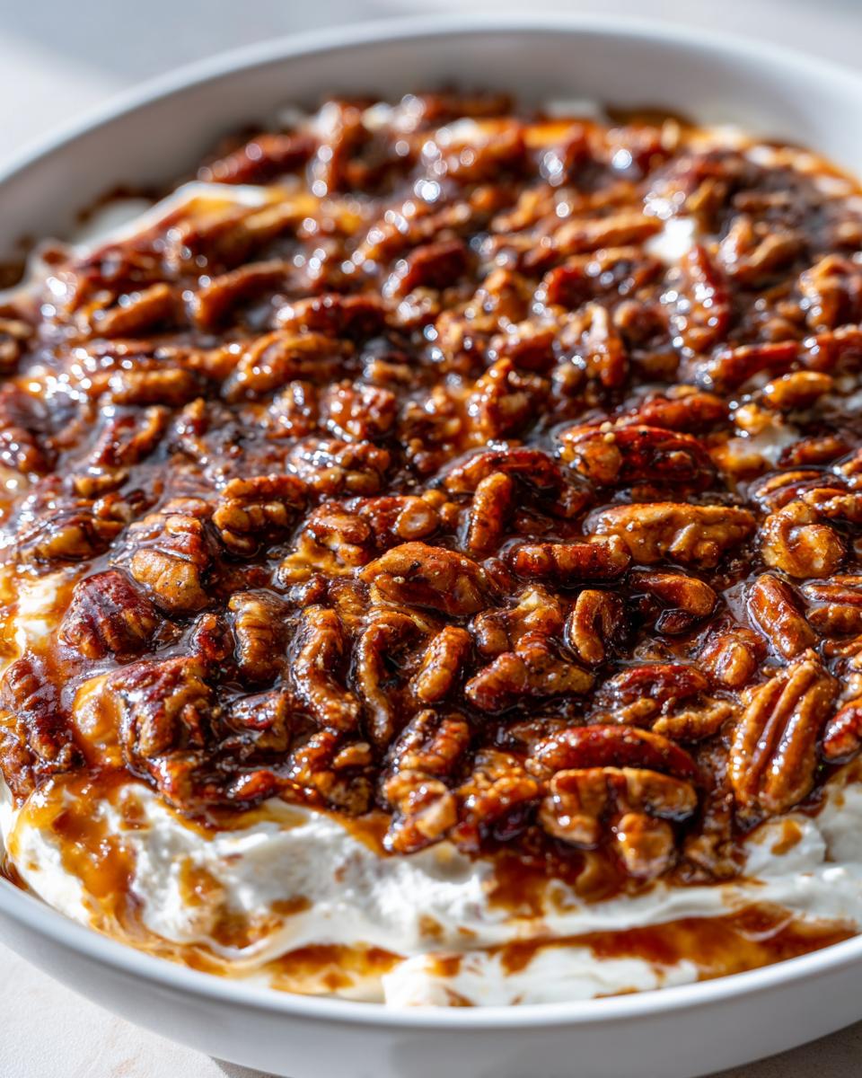 Close-up of a creamy pecan pie dip topped generously with glazed, caramelized pecans.