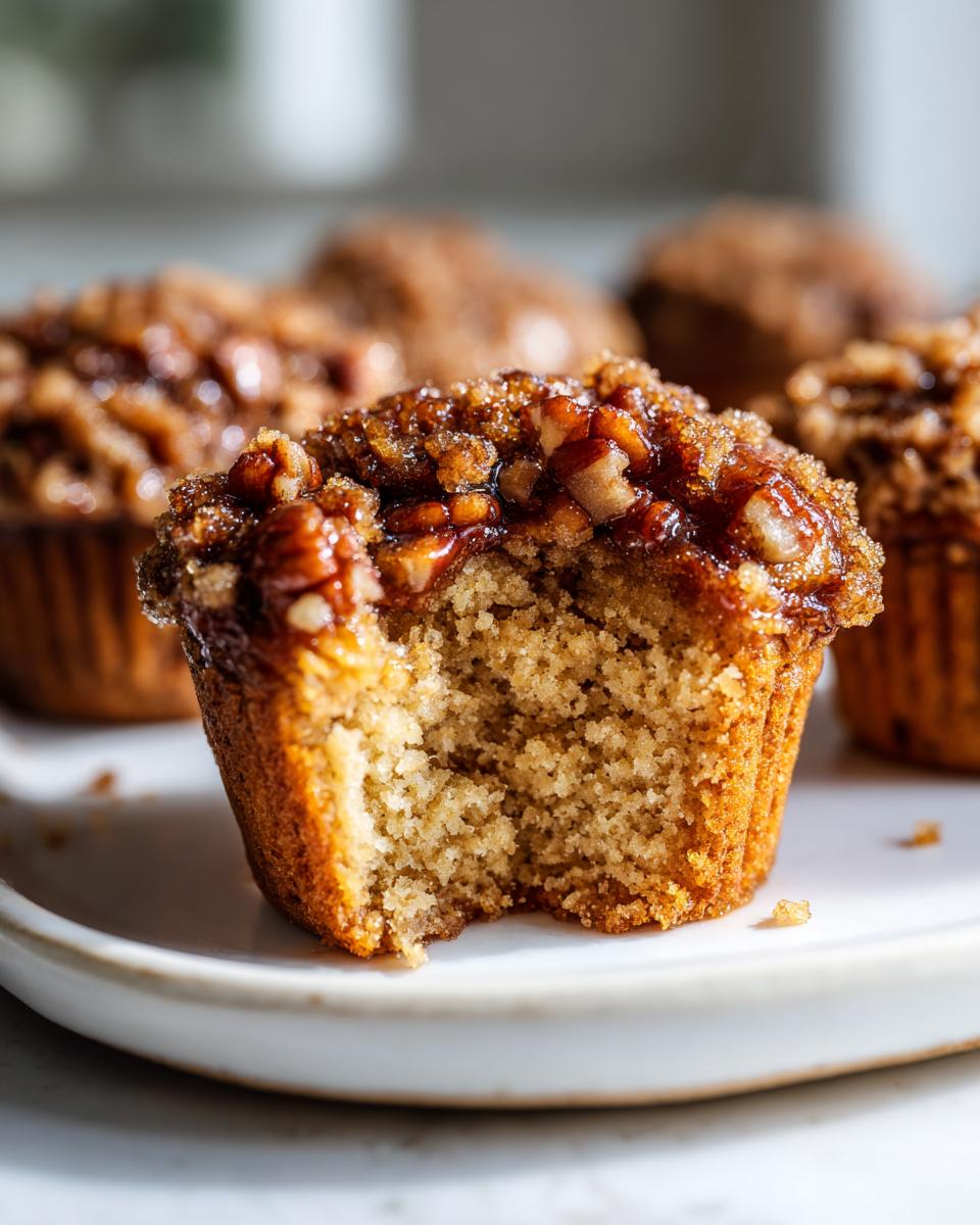 Close-up of a pecan pie muffin with a bite taken out, showing the moist crumb and gooey pecan topping.