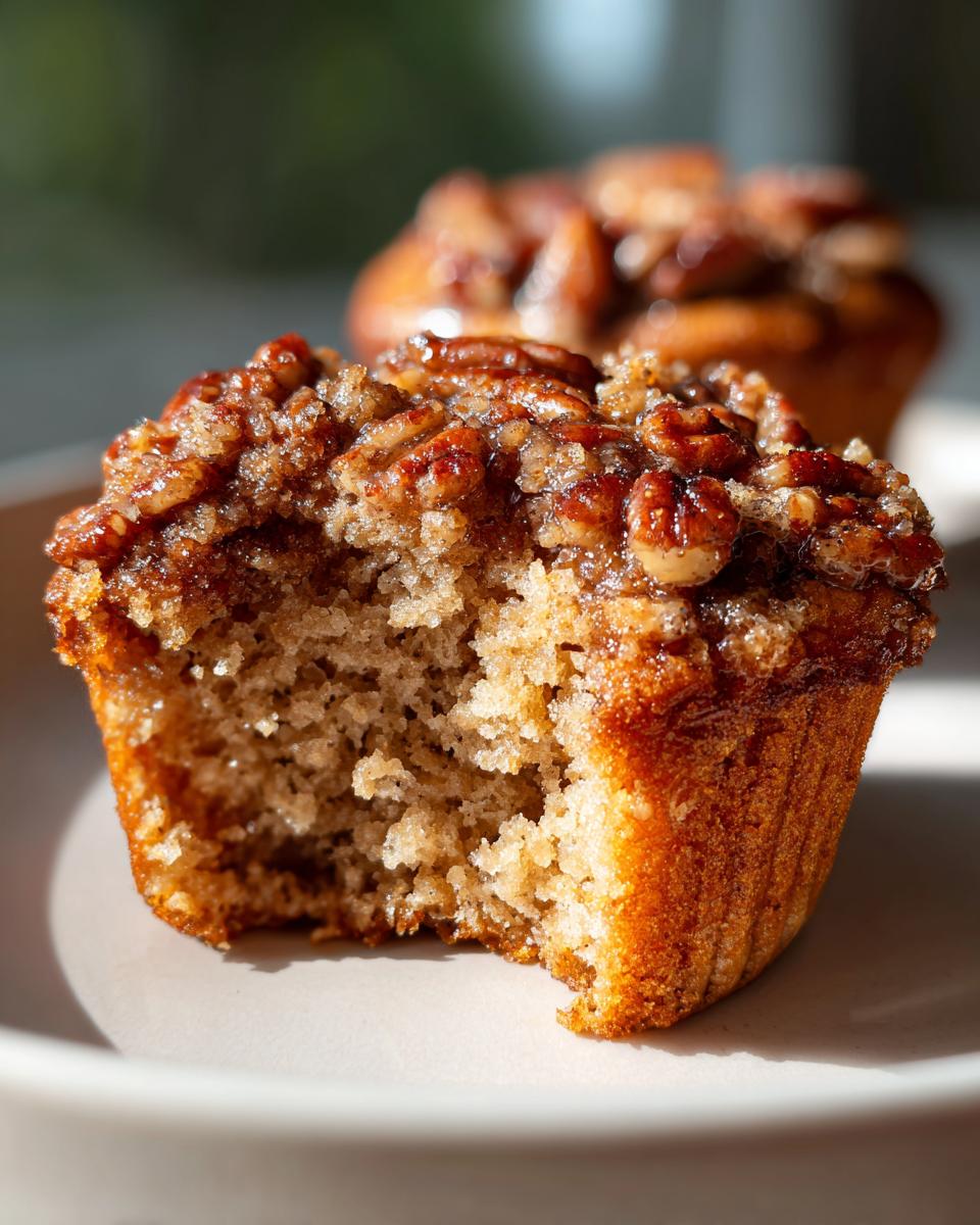 Close-up of a pecan pie muffins with a bite taken out, showing the moist interior and sticky pecan topping.