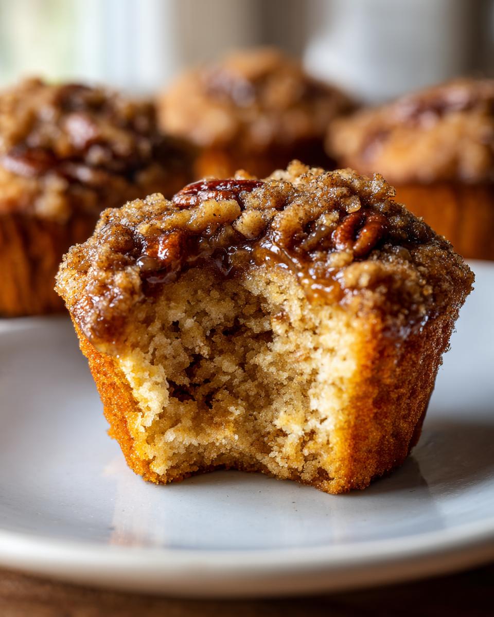 Close-up of a pecan pie muffins with a bite taken out, showing the moist interior and sticky pecan topping.