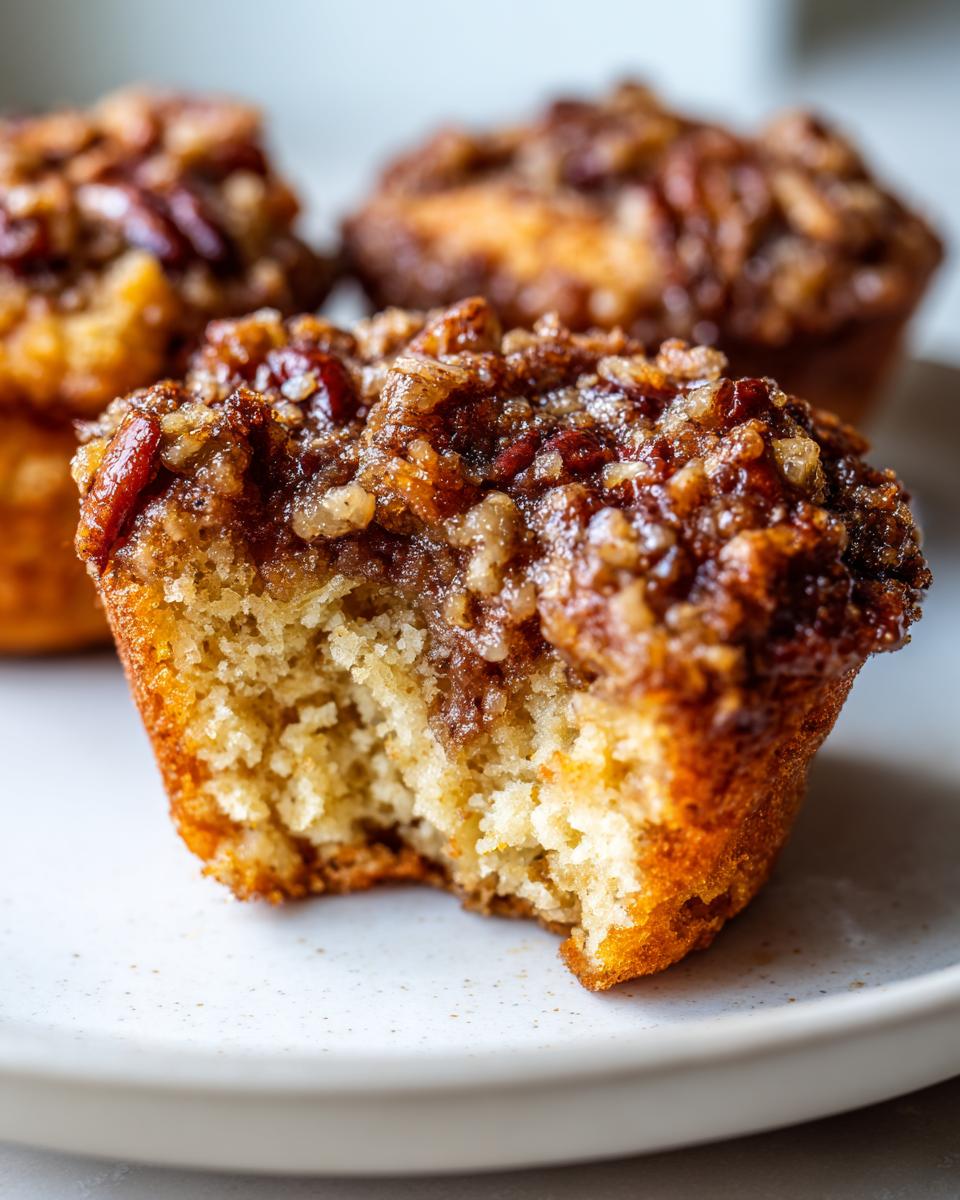 A close-up of a pecan pie muffin with a bite taken out, showing the moist interior and sticky pecan topping.