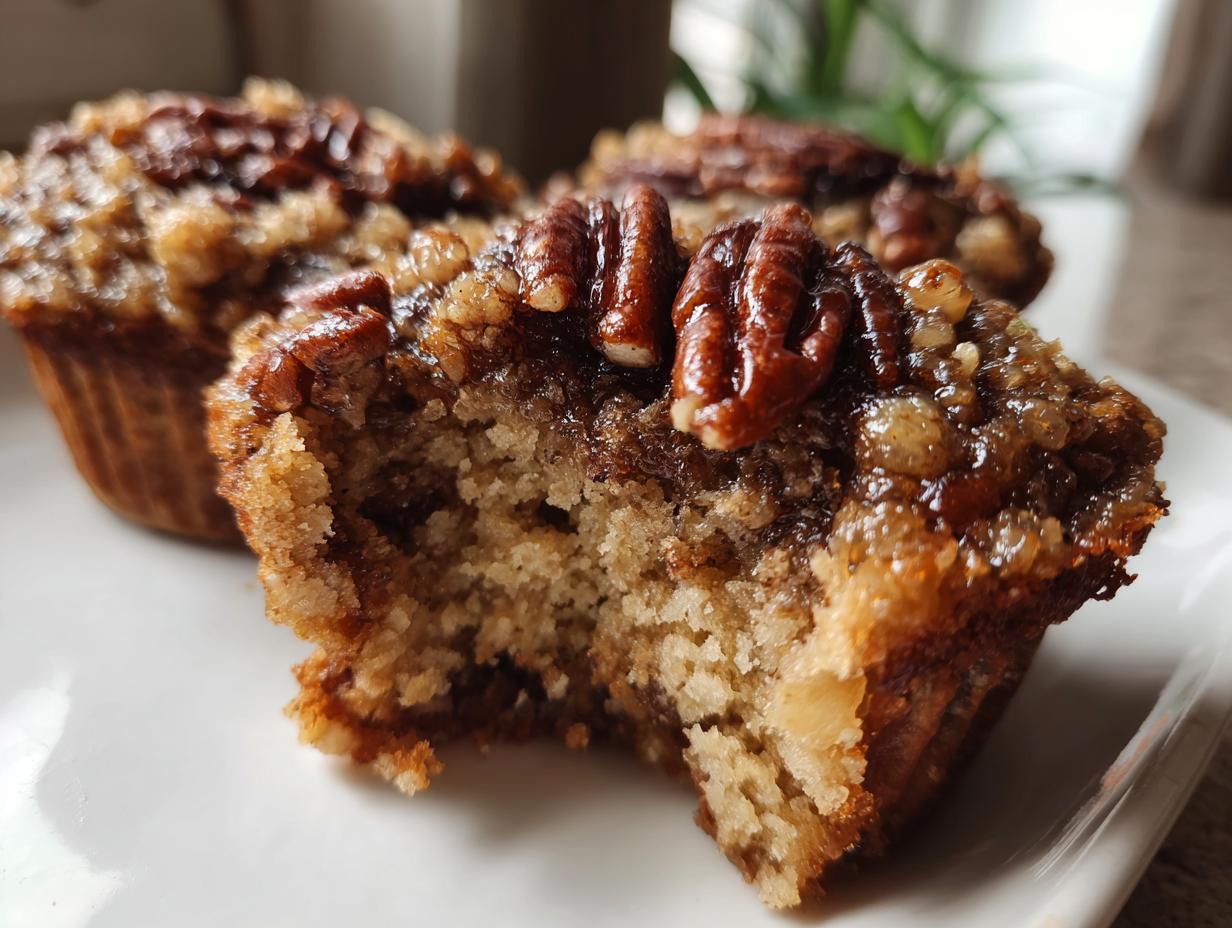 Close-up of a pecan pie muffin with a bite taken out, showing the moist crumb and sticky pecan topping.