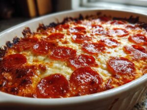 Close-up of a bubbling, baked pepperoni pizza dip topped with melted cheese and crispy pepperoni slices.
