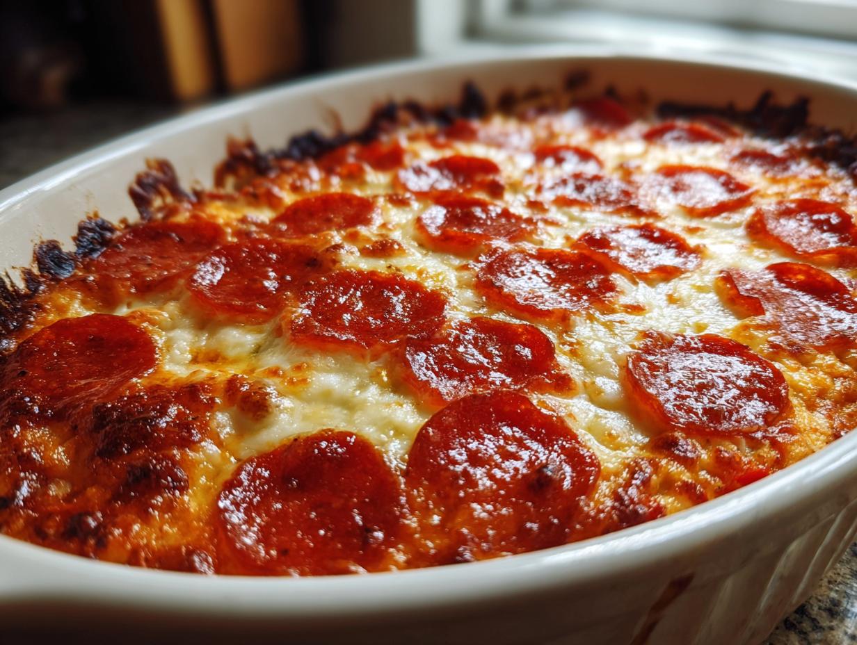 Close-up of a bubbling, baked pepperoni pizza dip topped with melted cheese and crispy pepperoni slices.