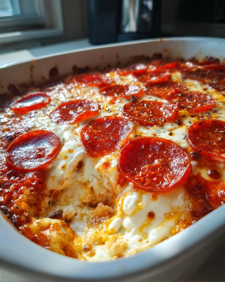 Close-up of a hot, bubbly pepperoni pizza dip with melted cheese being scooped out of a white baking dish.