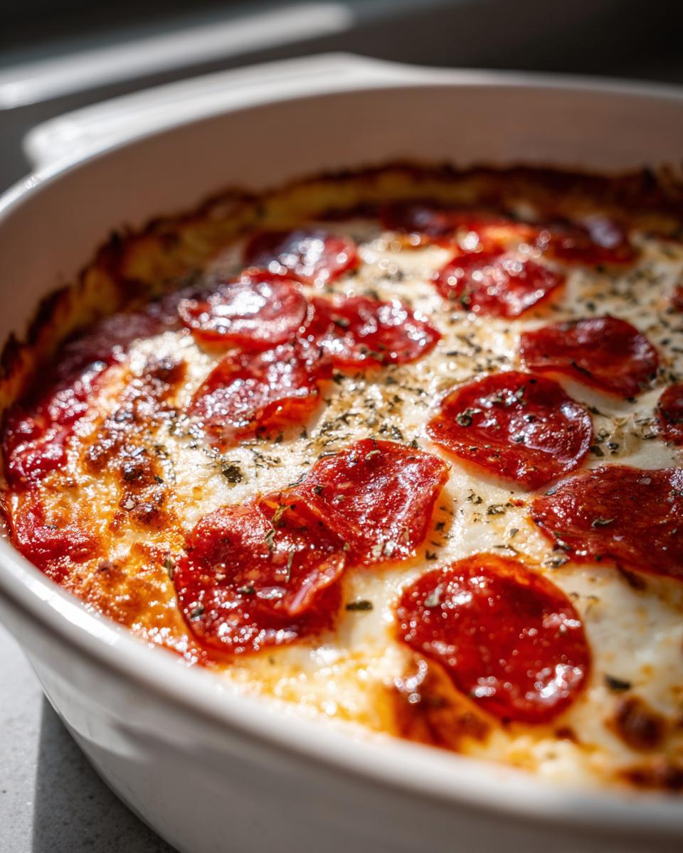 Close-up of hot, bubbling pepperoni pizza dip topped with melted cheese and herbs in a white baking dish.