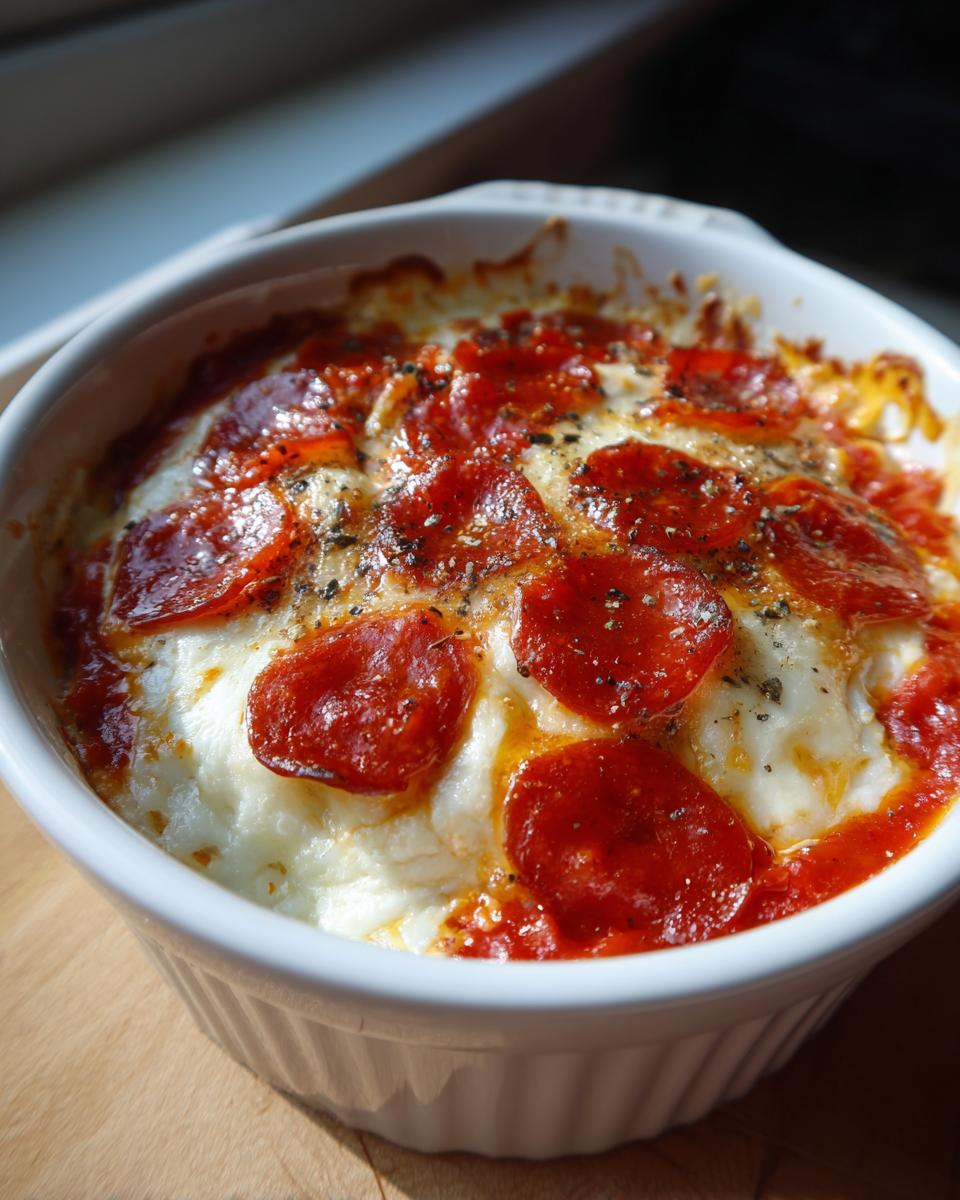 Close-up of hot, bubbling pepperoni pizza dip topped with melted cheese and spices in a white ramekin.