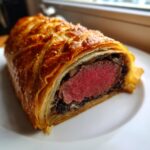 Cross-section of a perfectly cooked beef wellington recipe showing medium-rare center and golden puff pastry.