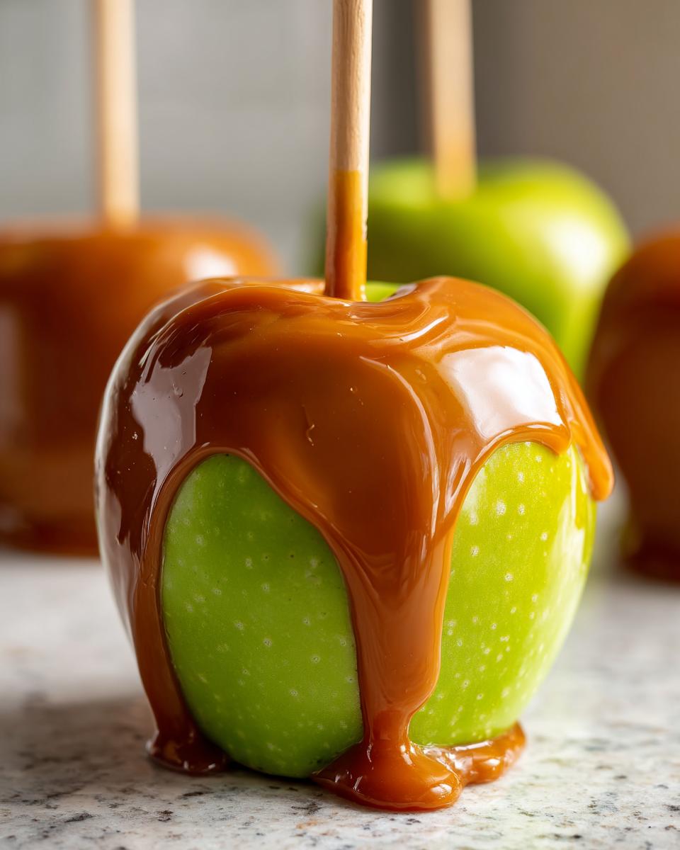 Close-up of a bright green Granny Smith apple covered in thick, dripping caramel sauce, making a delicious caramel apple.