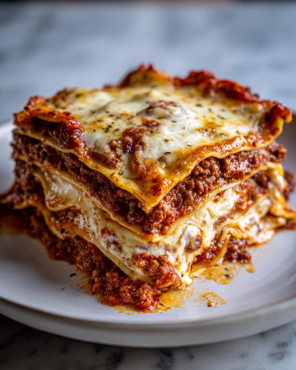 A thick, multi-layered slice of homemade lasagna featuring rich meat sauce and melted cheese.