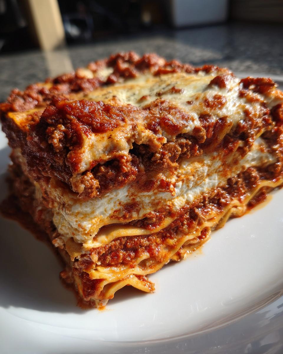 Close-up of a thick, layered slice of homemade lasagna featuring rich meat sauce and creamy cheese.
