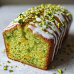 A vibrant green pistachio bread loaf, sliced to show the texture, topped with white glaze and chopped pistachios.
