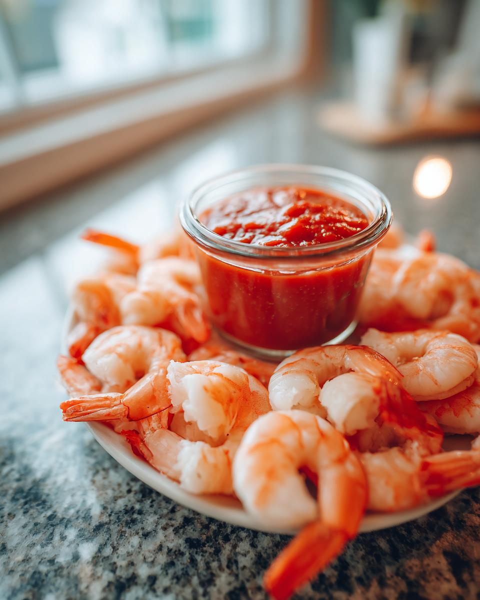 A plate of chilled, cooked shrimp arranged around a small glass jar of red cocktail sauce, perfect for a shrimp cocktail.