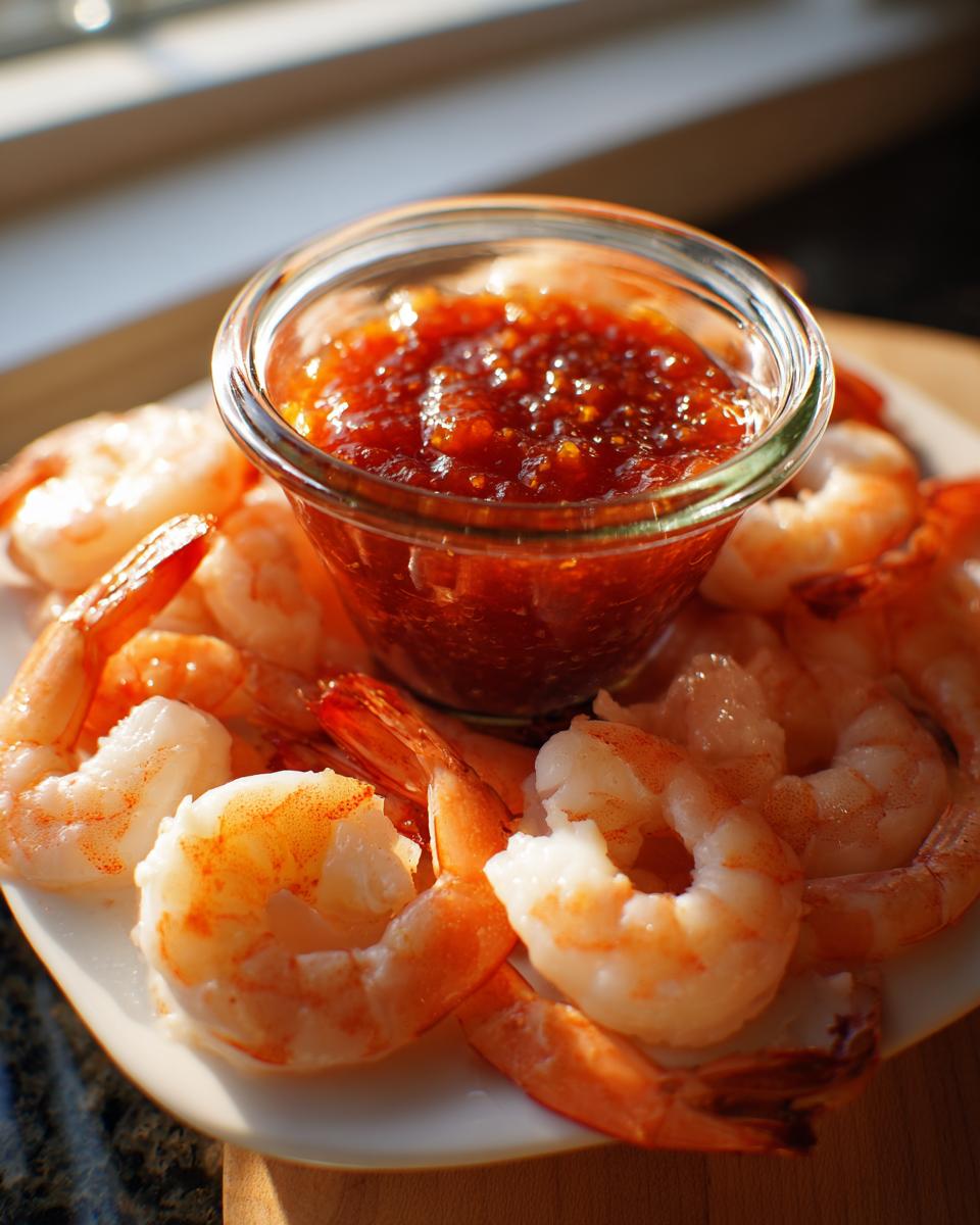 Close-up of cooked shrimp arranged around a small glass bowl of spicy red dipping sauce for shrimp cocktail.