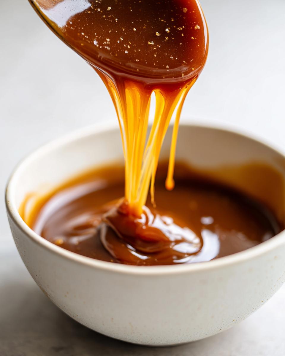 Close-up of thick, glossy caramel sauce dripping from a spoon into a small white bowl.