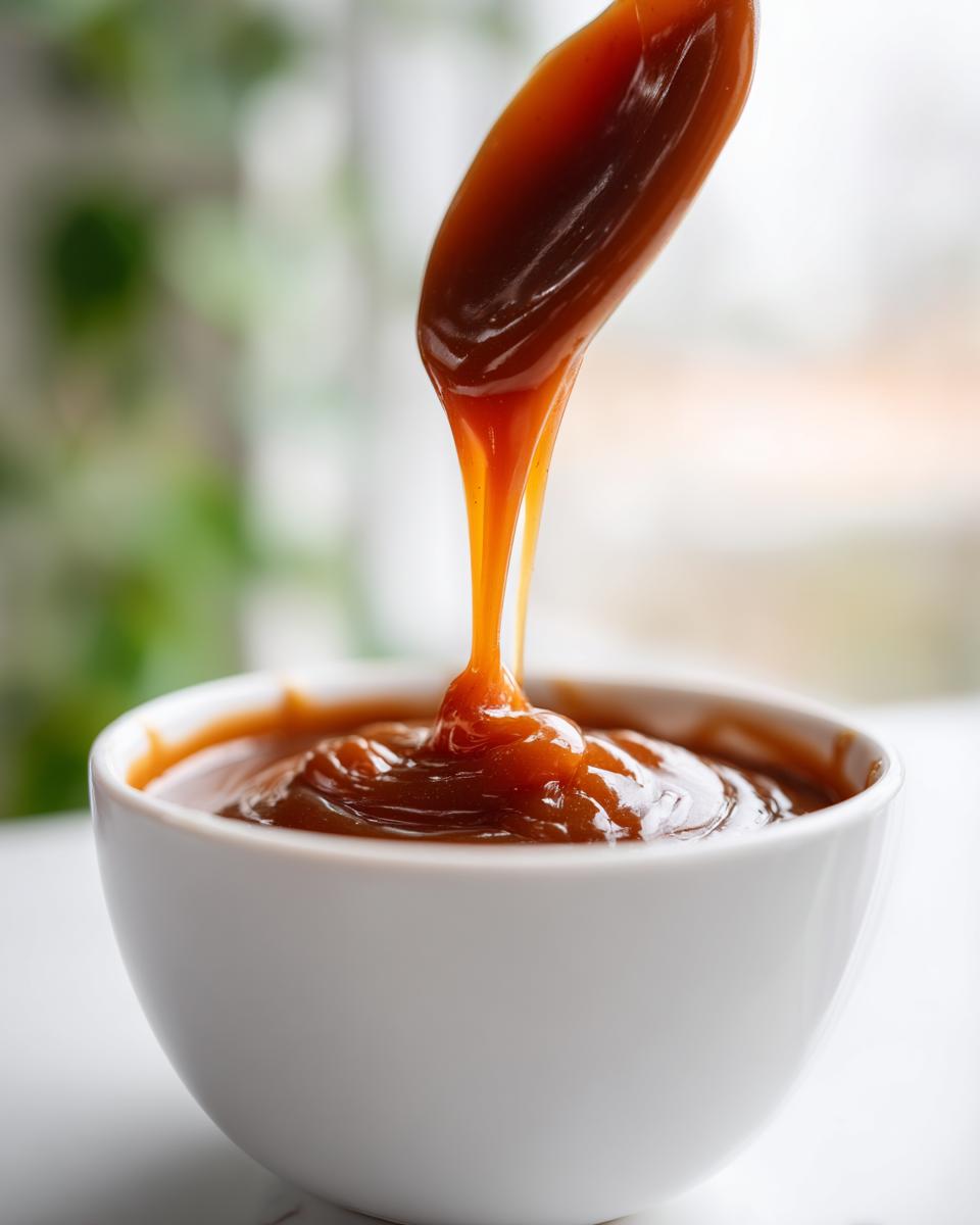 Close-up of thick, glossy caramel sauce being drizzled from a spoon into a small white bowl.